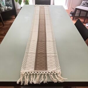 Table Buffet Runner Tassels 72"x12" Cream Brown Soft Boho Boho Rustic Farmhouse